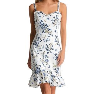 RIHOAS Floral Ruffle Flounce Trim Trumpet Mini Dress White Blue Medium Boho